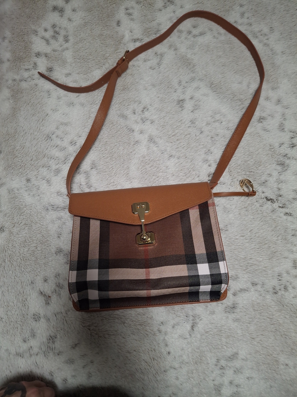 Women's Tan Plaid Crossbody Bag with Gold Hardware